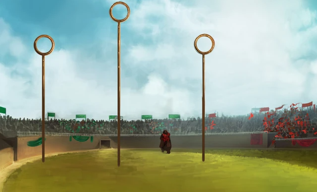 Imagen del campo de Quidditch con los aros de puntuación.