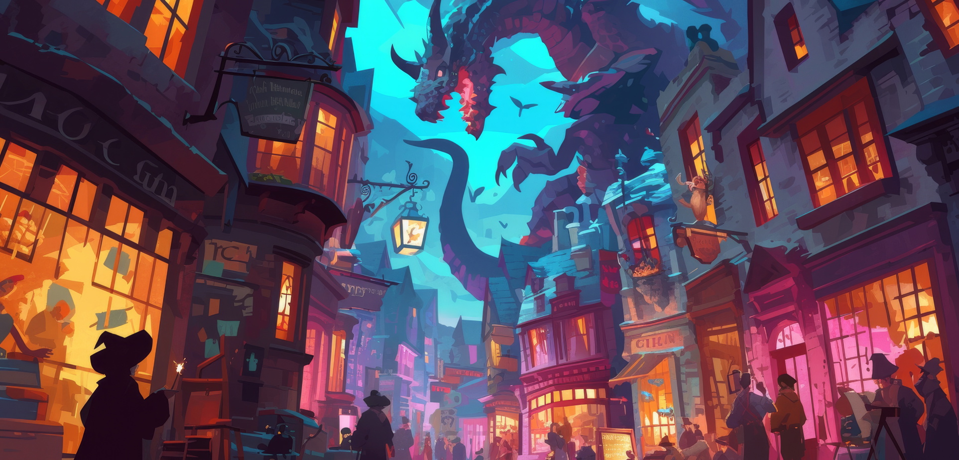 Representación visual de un hechizo mágico con destellos de luz.

                Callejón Diagon: Una calle mágica llena de tiendas y brujas o magos caminando, ambientada con colores cálidos y vívidos.