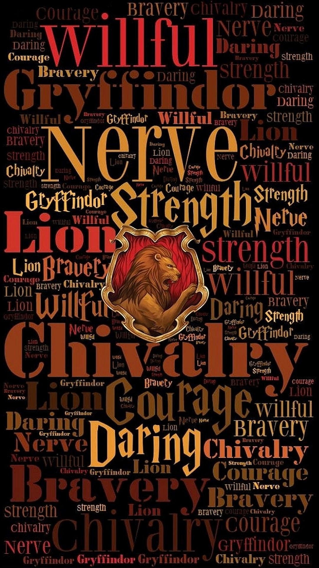  Una nube de palabras que destacan los valores de la casa Gryffindor como valor, coraje, y audacia.