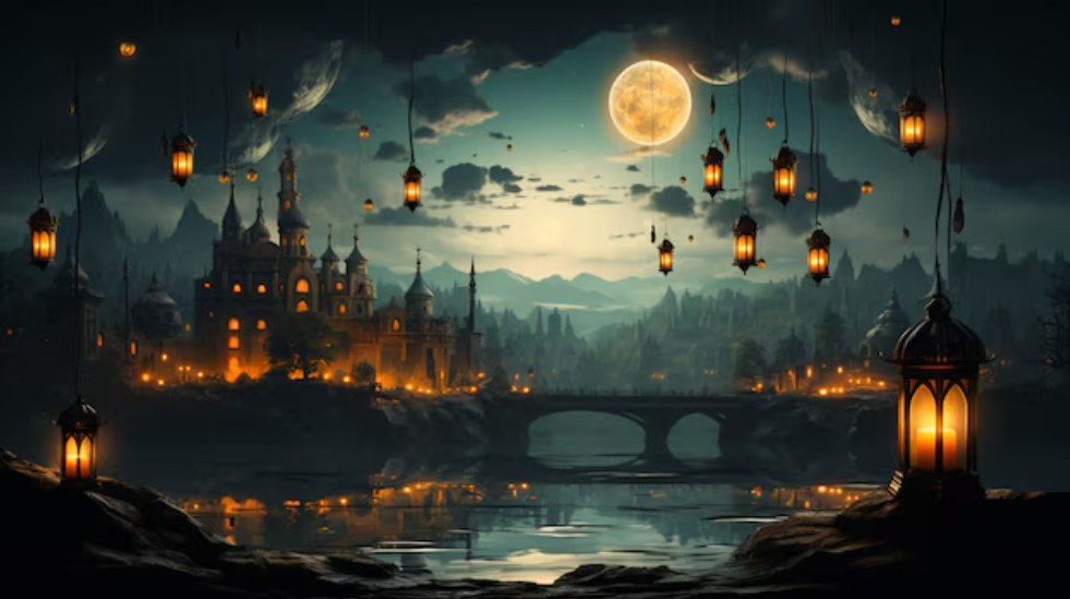 Una vista del pueblo mágico con luces brillantes y un ambiente nocturno.