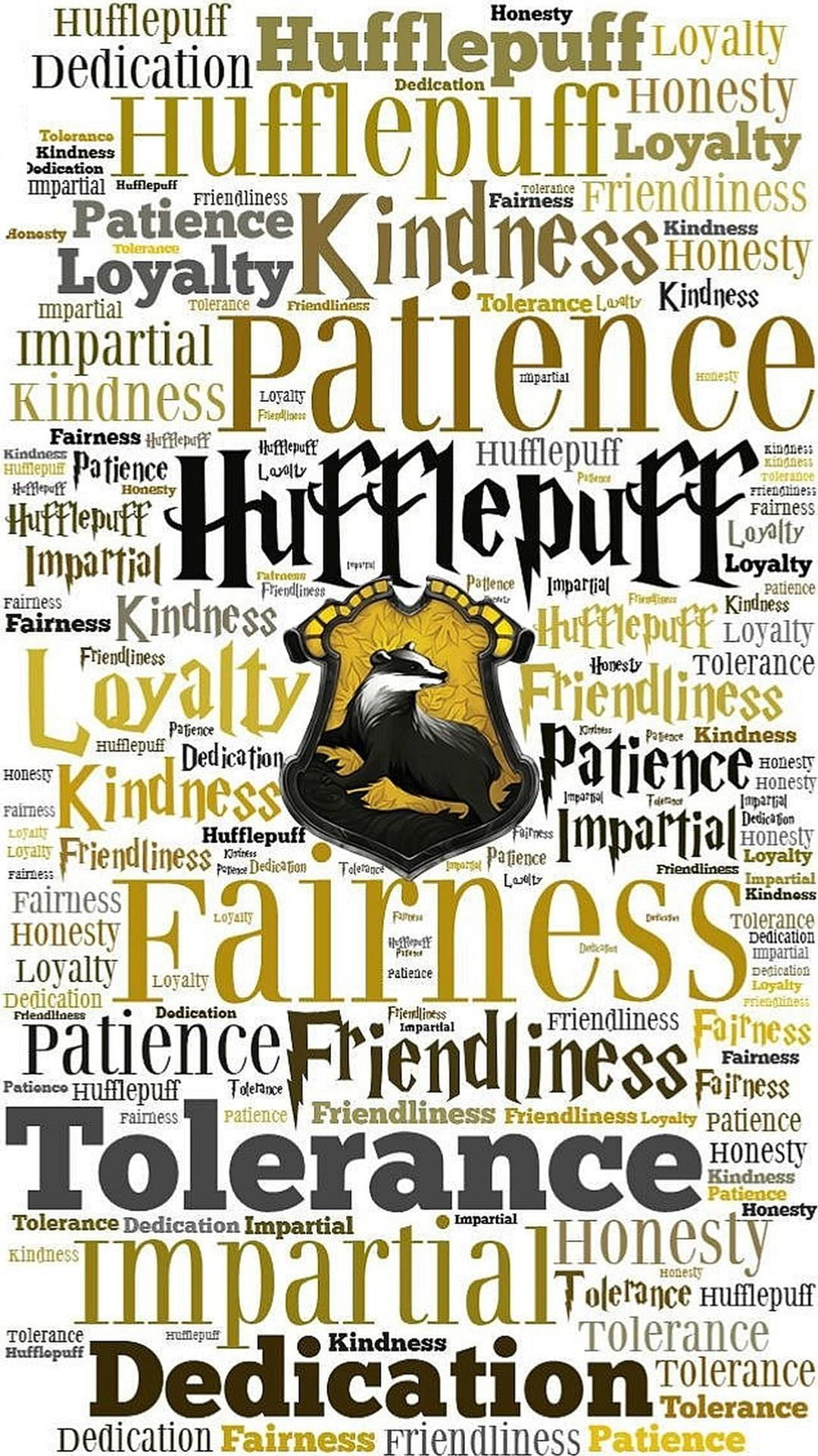 Una nube de palabras con valores como paciencia, lealtad y justicia, representando a la casa Hufflepuff.