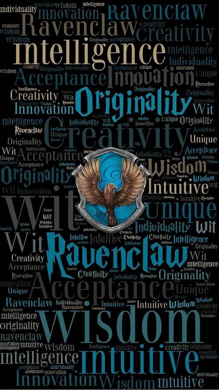 Nube de palabras con inteligencia, sabiduría y creatividad, asociada a la casa Ravenclaw.