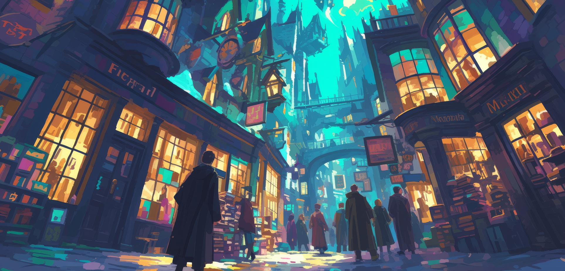 Escena nocturna del Callejón Diagon con luces mágicas y un ambiente encantador.