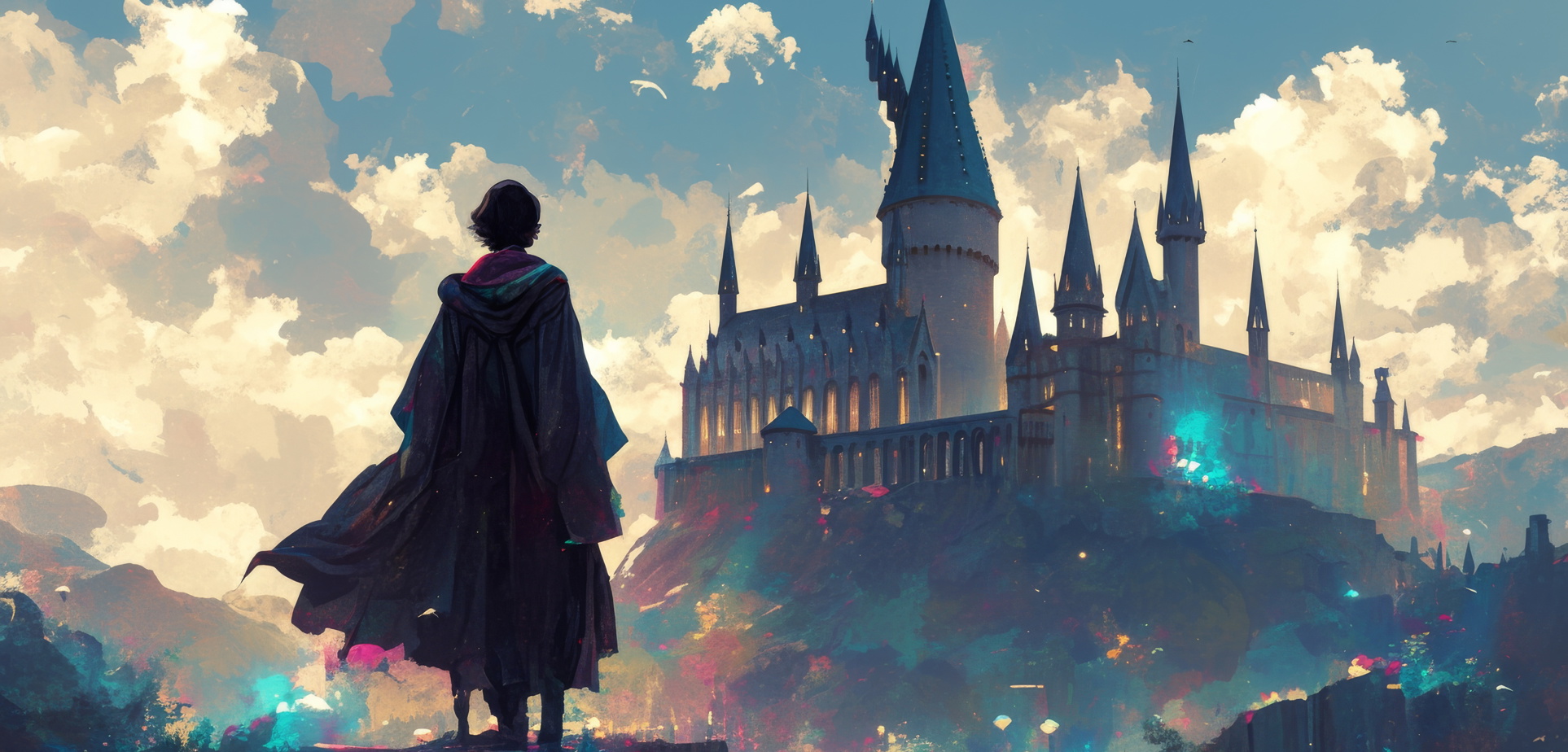 Un personaje de pie observando el castillo de Hogwarts desde la distancia.