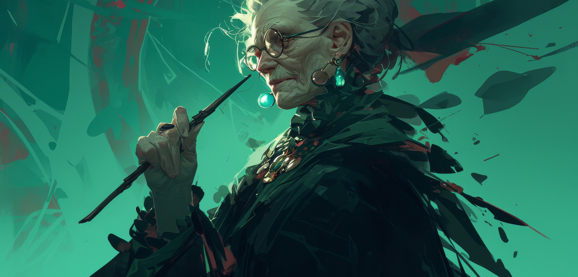 Bruja de anvanzada edad pelo color blanck y fondo verde